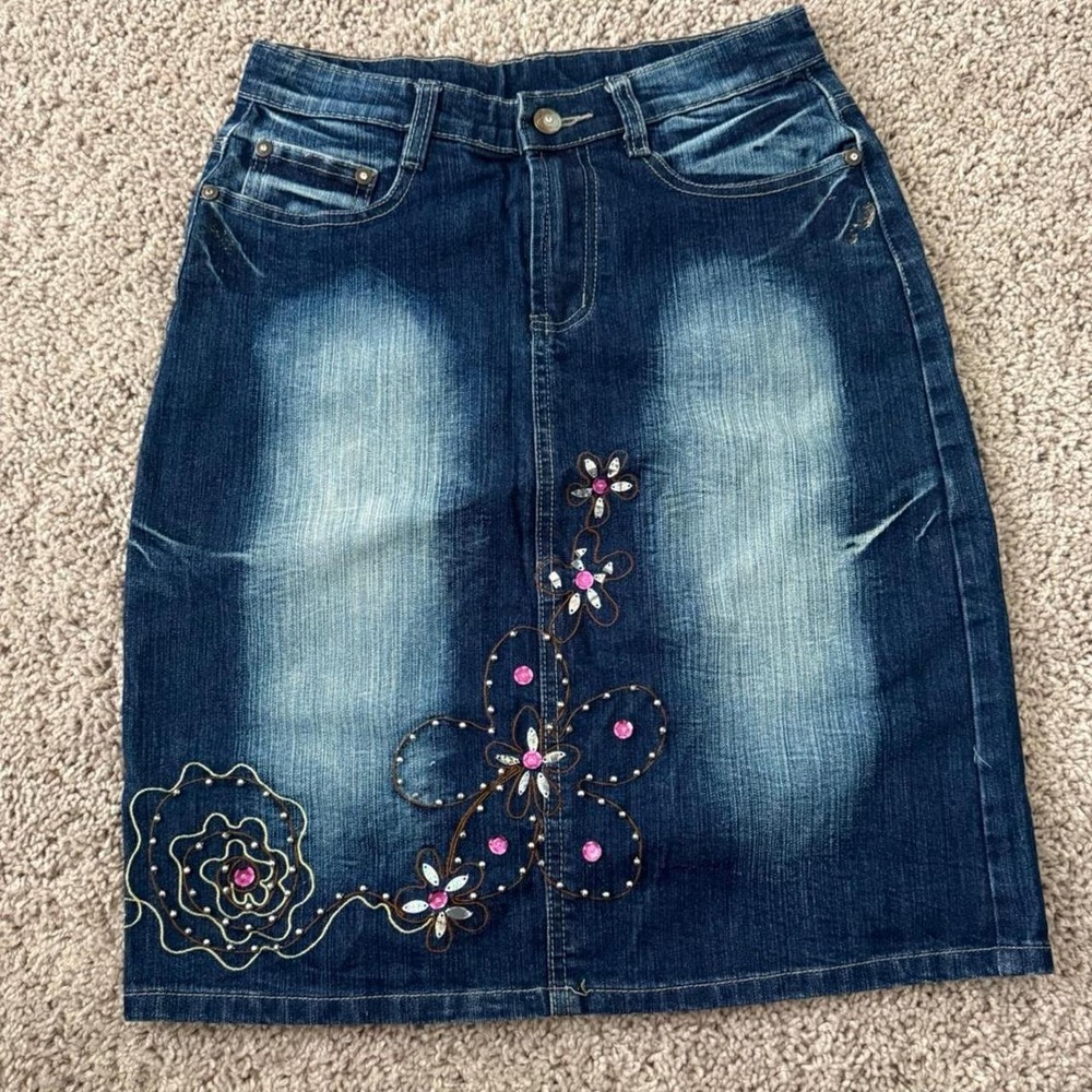 Y2K Denim Skirt Lizzie McGuire Sz 6 Sequin Mall Core 2000s Festival